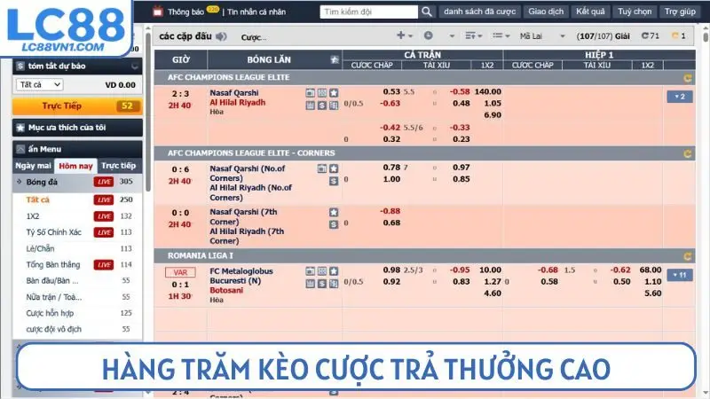 Hàng trăm kèo cược trả thưởng cao dành cho người chơi