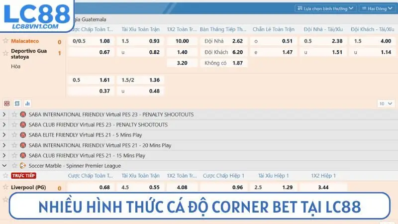 Nhiều hình thức cá độ corner bet tại LC88 